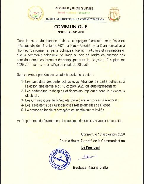 Présidentielle 2020: la Haute Autorité de la Communication convie les candidats (Communiqué)
