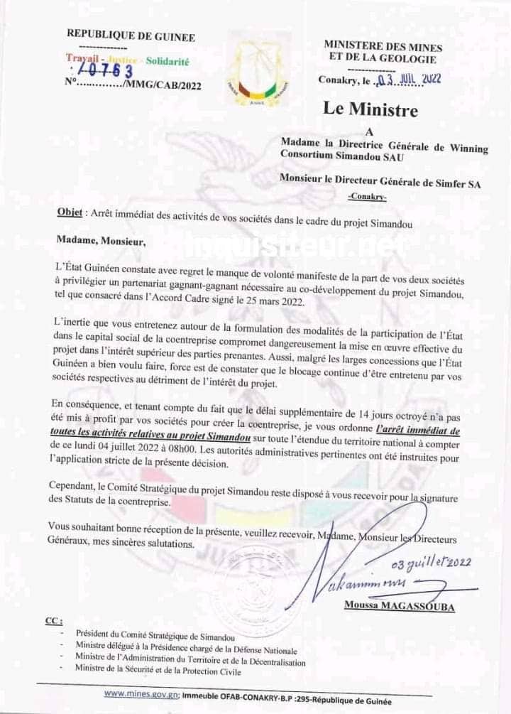 "l'arrêt immédiat" des activités