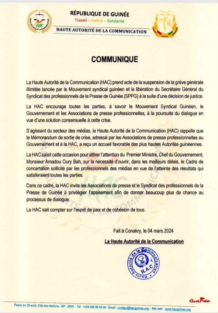 Suspension de la grève du MSG : la HAC appelle les professionnels de la presse à l’apaisement