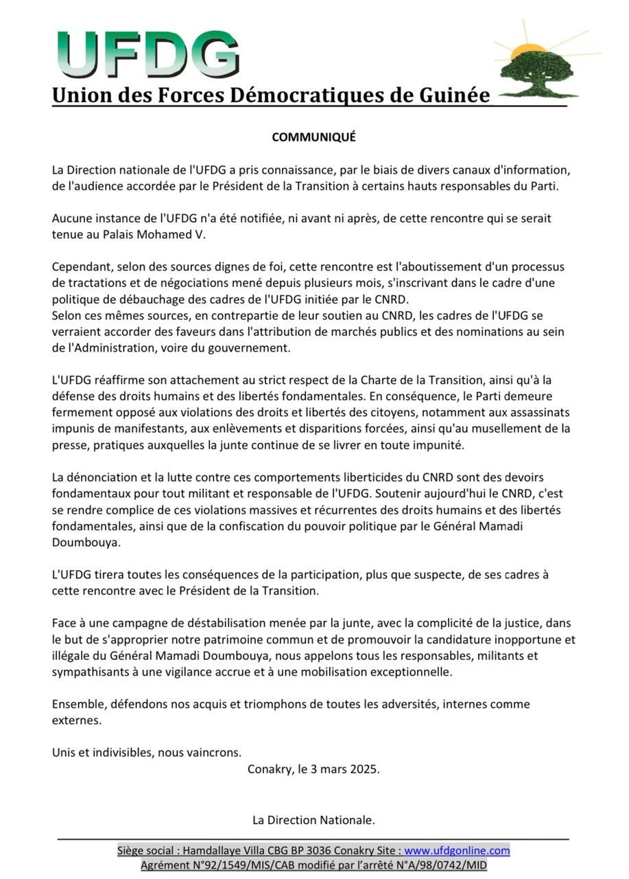 Guinée : l'UFDG dénonce une tentative de débauchage de ses cadres